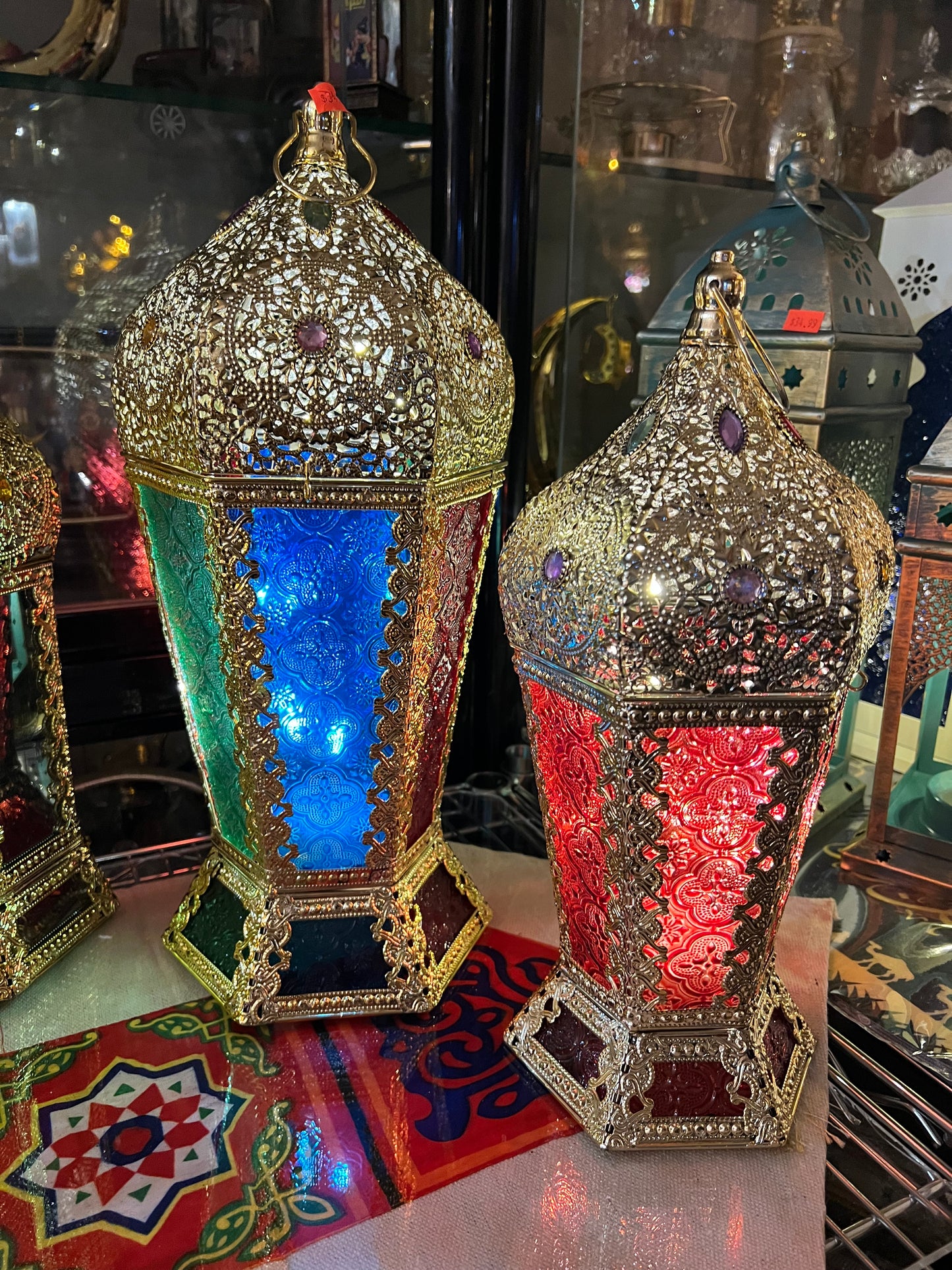 Arabesque Stained Glass Ramadan Lantern, Metal Light Up and Signing Fanous