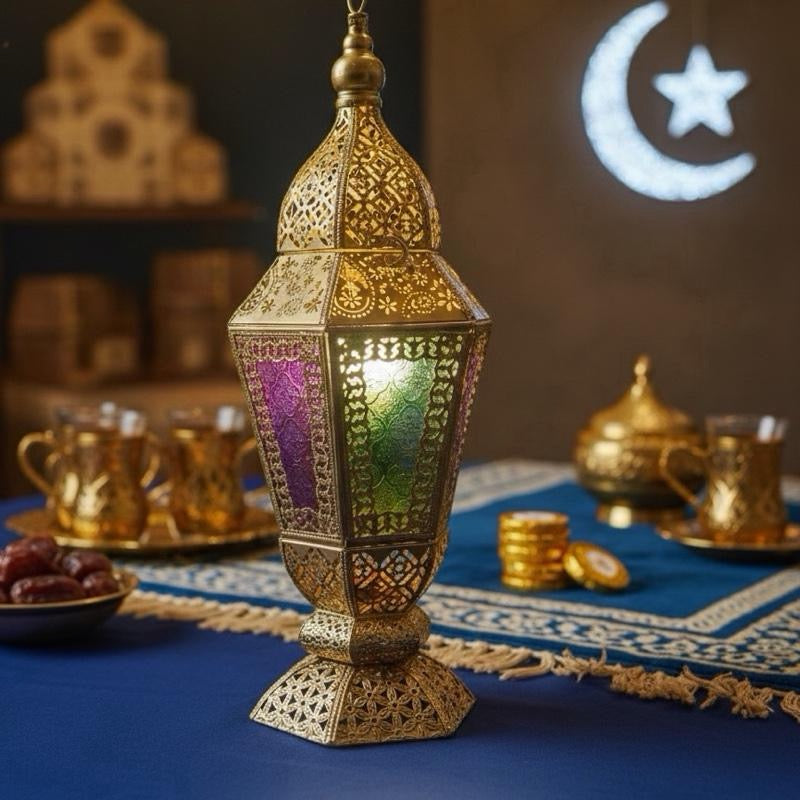 Gold Colorful Glass Metal Lantern 24 inches