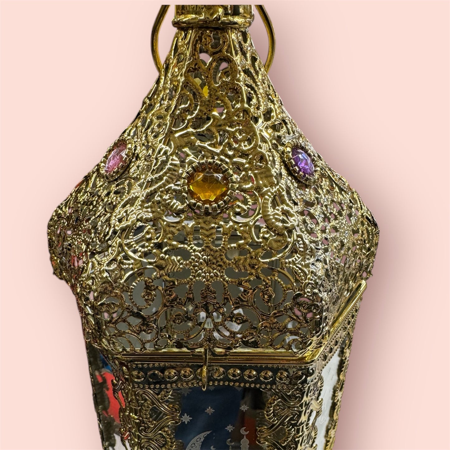 Arabesque Mirrored Ramadan Lantern, Metal Light Up and Signing Fanous