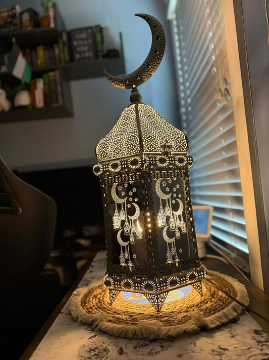Silver Ramadan lantern with moon on top 32 inches including moon
