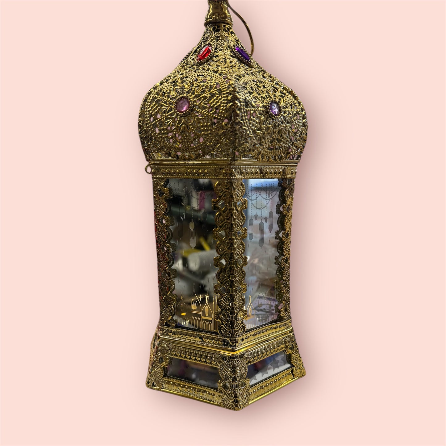 Arabesque Mirrored Ramadan Lantern, Metal Light Up and Signing Fanous